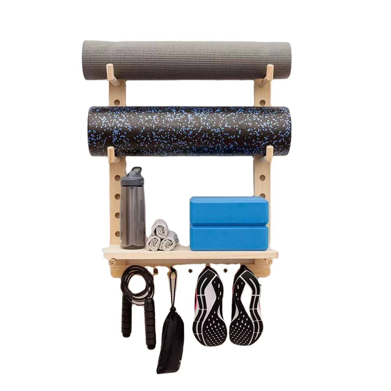 Fully Customizable Yoga Mat Wall Holder Wood Yoga Mat Storage Rack with Shoe Hanger