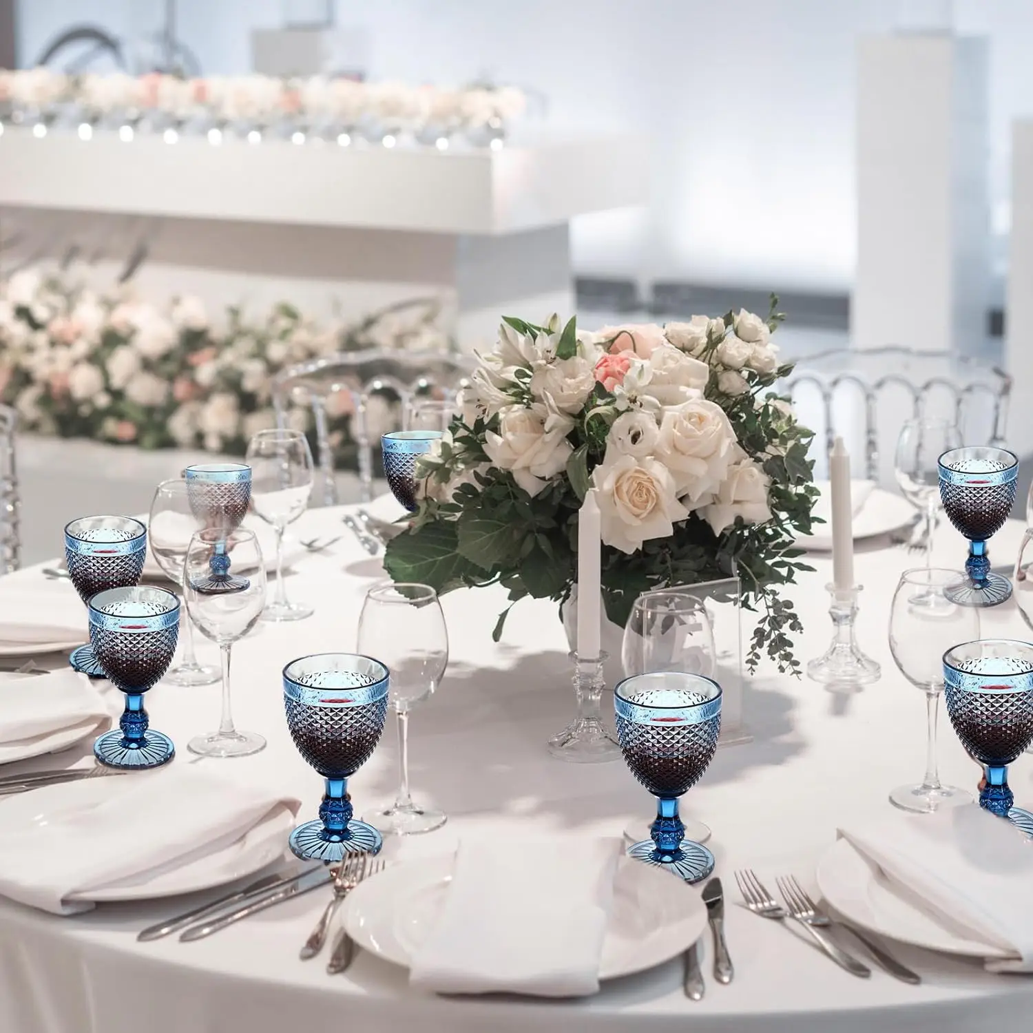 Blue 10 oz Vintage Red Wine Glass Goblets With Embossed Diamond Design for Juice Liquor Party Wedding Bar