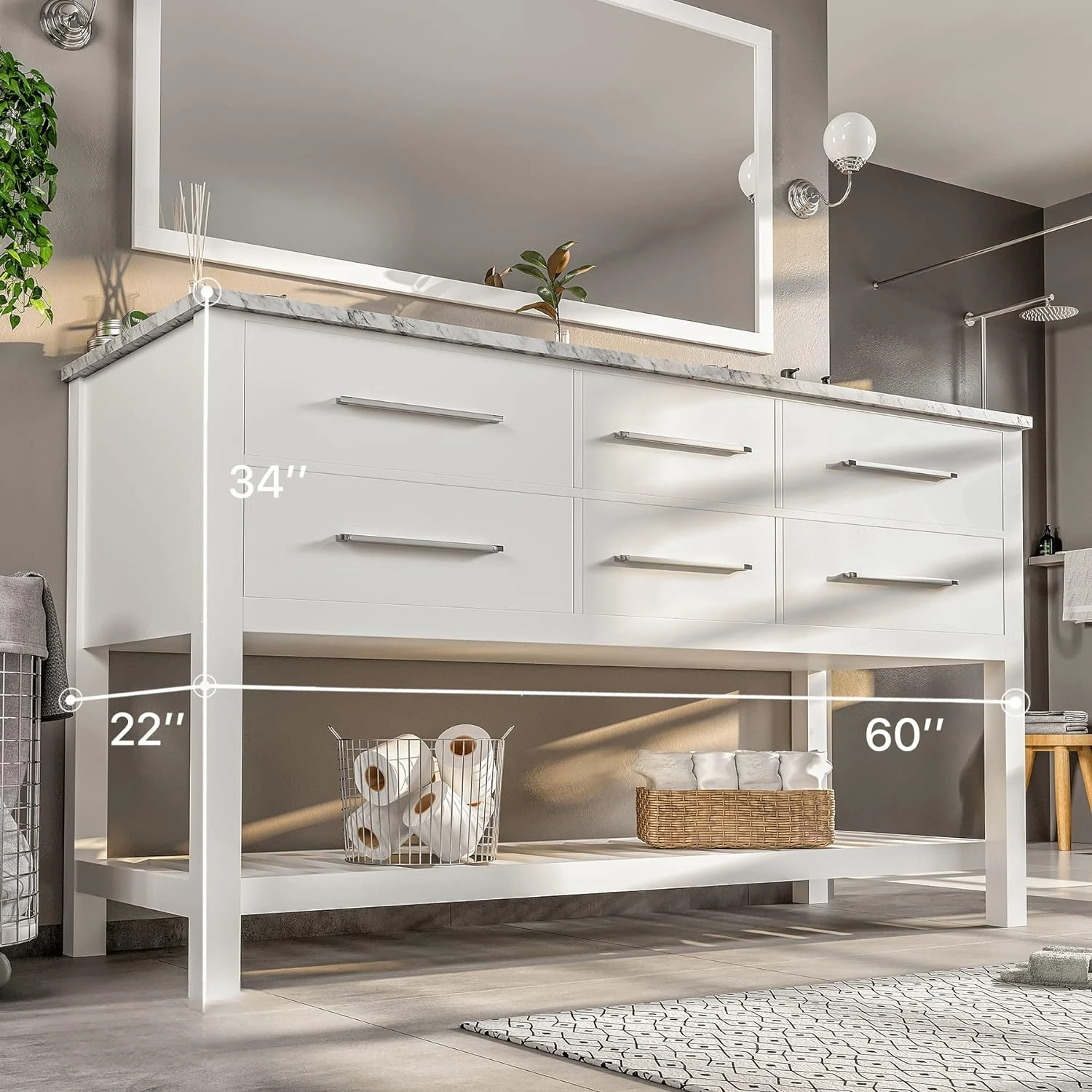 Porcelain Round 60 inch Bathroom Vanity Double Sink Vanity Bathroom Sink with Legs Marble Top Double Vanity Sink Cabinet