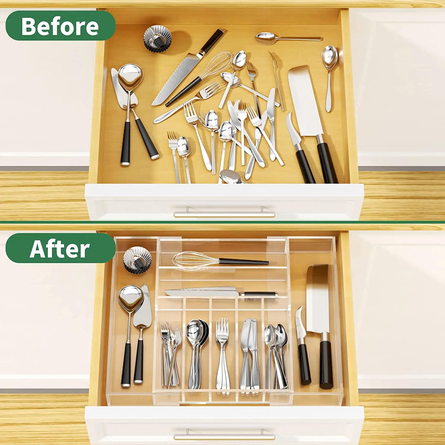 Expandable Kitchen Drawer Organizer for Flatware and Utensils Cutlery Holder Adjustable Clear Acrylic Silverware Tray