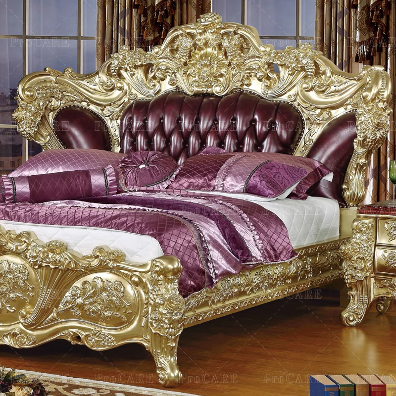 ProCARE European Champagne Luxury Bedroom Solid Wood Carved Luxury Wedding Bed