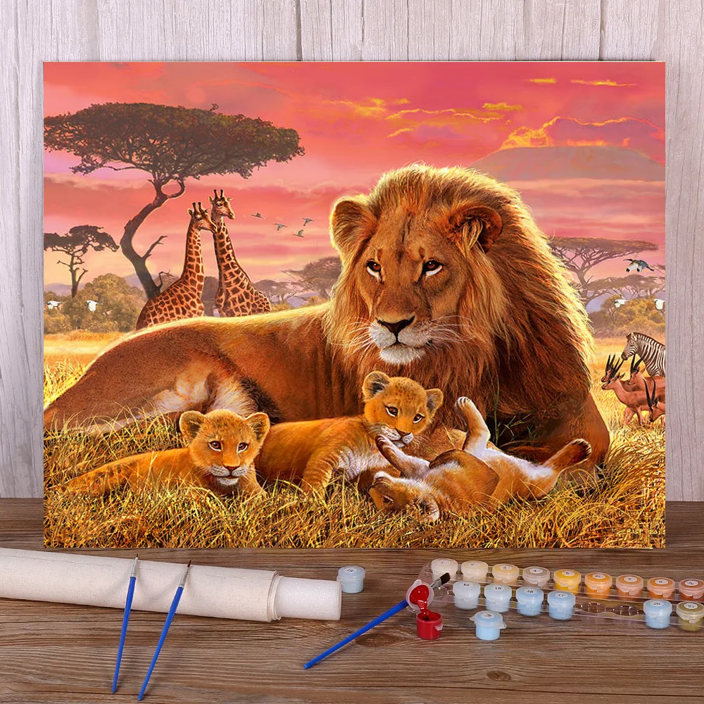 Frame Diy Oil Painting By Numbers For Adults Lions Animals Wall Art Picture Paint On Canvas Handpainted For Home Decors Gift