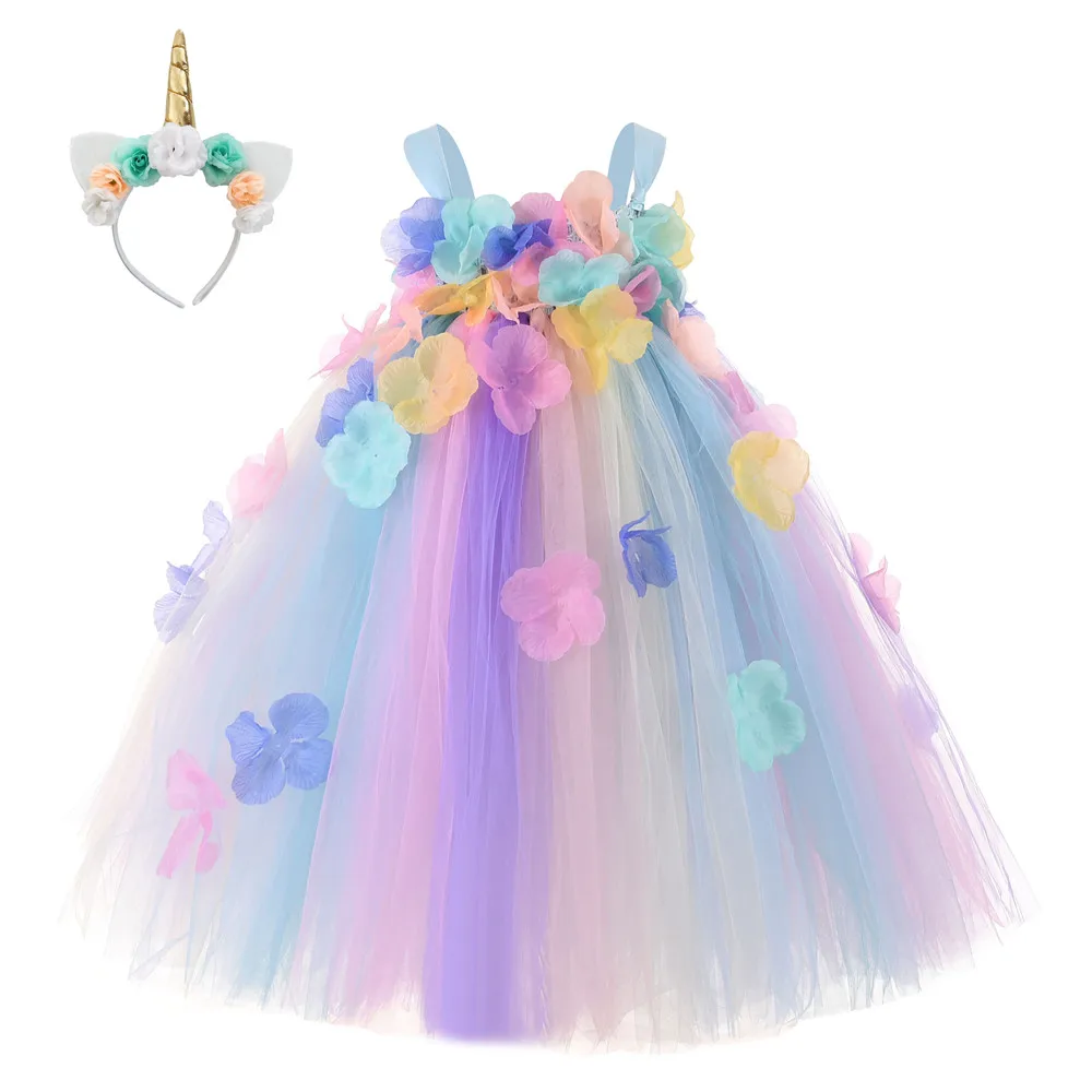 Factory Flower Girl Dress Kids Horse Costume Colorful Wedding Gown Birthday Party Clothes Children Unicorn Tutu Dress