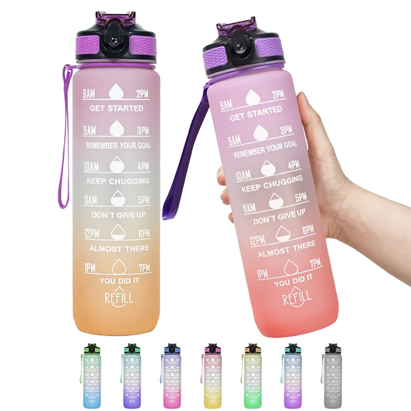 BPA Free 32 Oz 1000ml Plastic Sports Bottle Leak Proof 1 Liter Motivational Water Bottle with Time Marker
