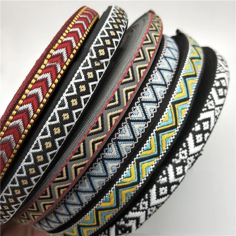 REWIN Cloth Decoration DIY 1cm Floral Embroidery Ribbon Strap Trim 10mm Wide Ethic Rhombus Woven Jacquard Ribbon Webbing