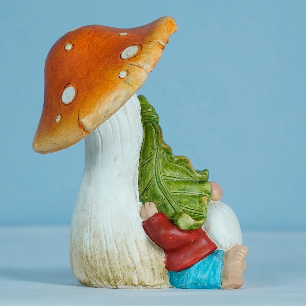 Outdoor Gnomes Decorations garden gnome sitting under mushroom with ladybug  Resin garden gnome statue