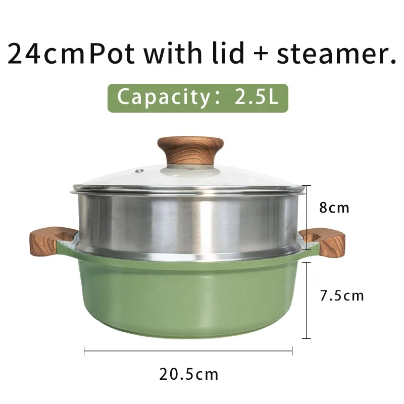 Aluminum Binaural Pots And Pans Kitchen Cooking Pot Set Cookware Maifanshi Stone Coated With Steamer And Glass Lid.