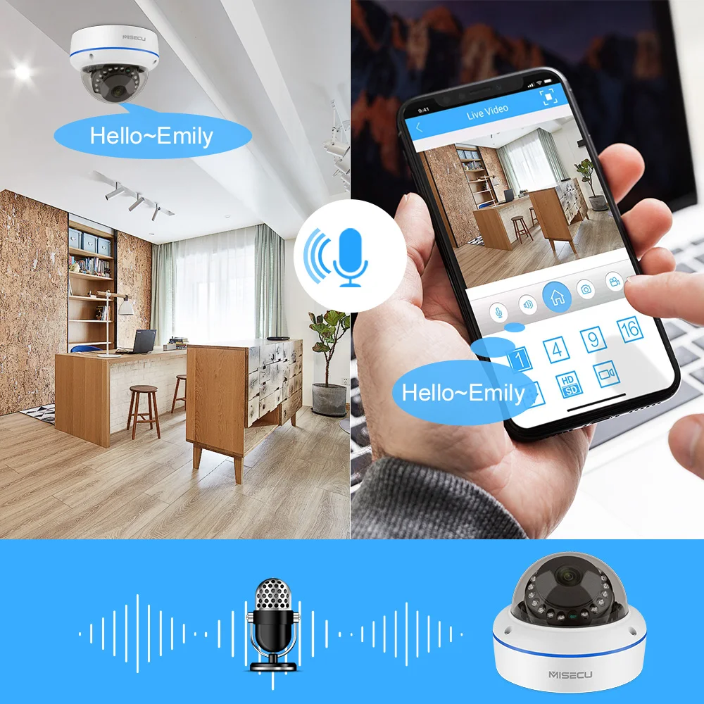 Misecu metal 2.8mm lens 5mp camera ir night vision h.265 poe ip camera dome onviif one way audio