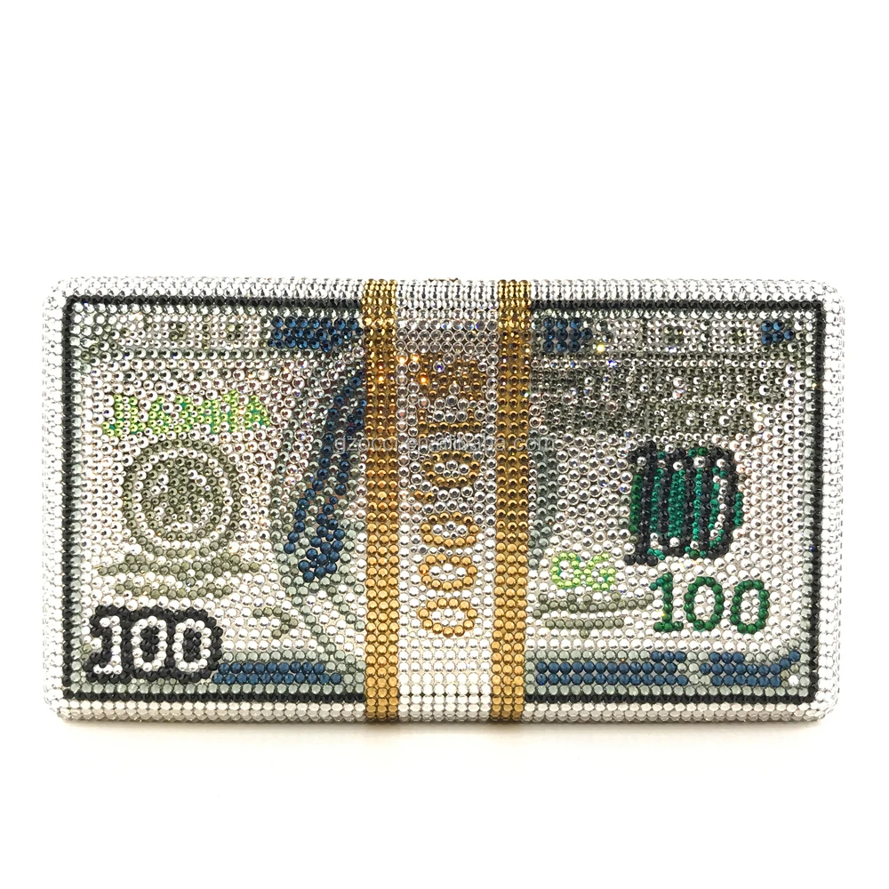 
High End NO MOQ custom dollars womens crystal clutch money bag OC4096 