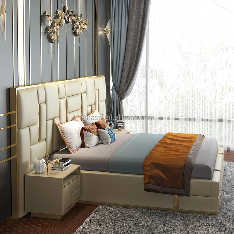 Modern Luxury King Size Bedroom Furniture Frame Royal Large Headboard Wood with Leather GENUINE Leather Bed Room Soft Bed 1 Set