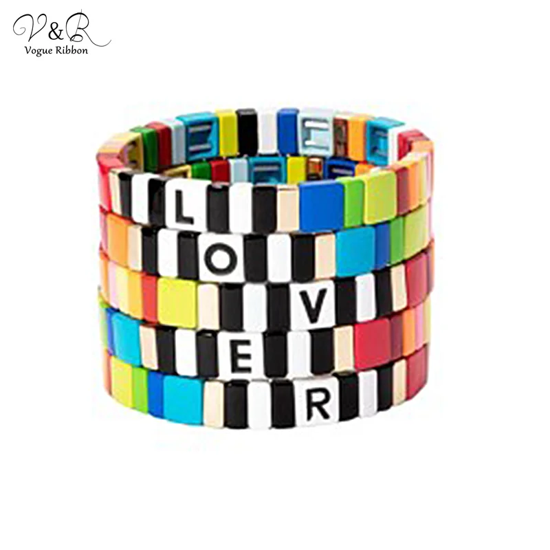 V&R Rainbow Enamel Stretch Bracelet Stackable Colorful Mosaic Block Beads Strand Bangle Tila Bracelet Tile Bracelet