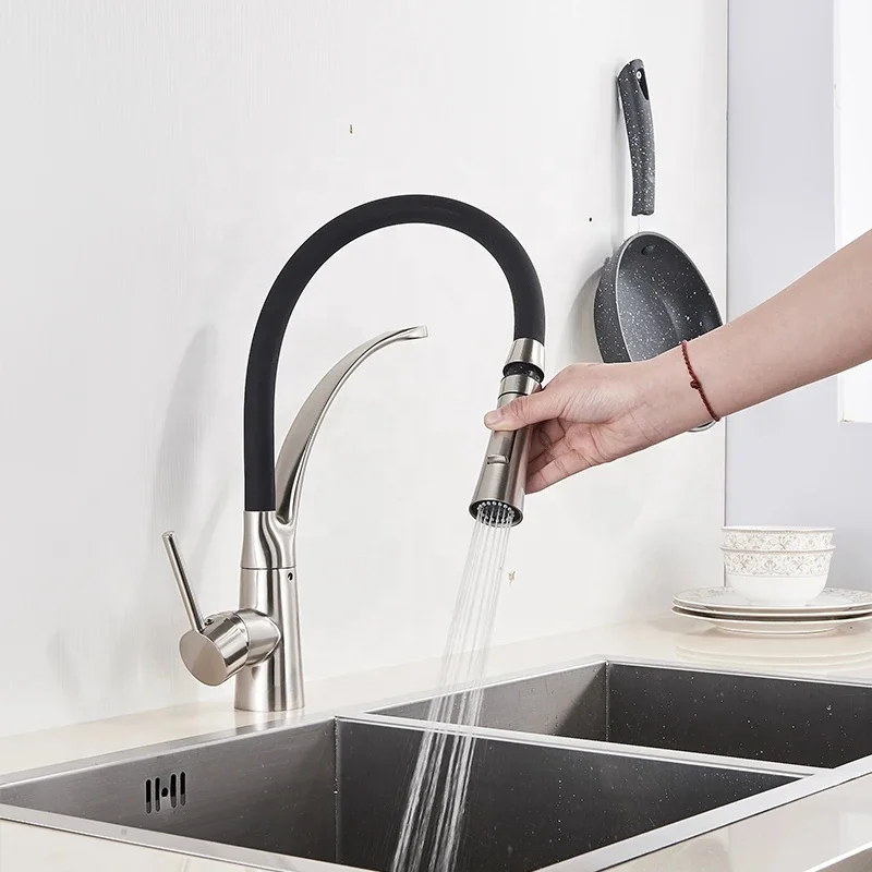 Pull Down Brushed Nickel Kitchen Faucet Rotate Silicone UPC Brass Water Kitchen Faucet