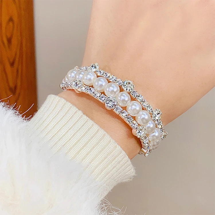 New Style rhinestone bangle for lady  Diamond-studded multi-layer winding   Double pearl bracelet