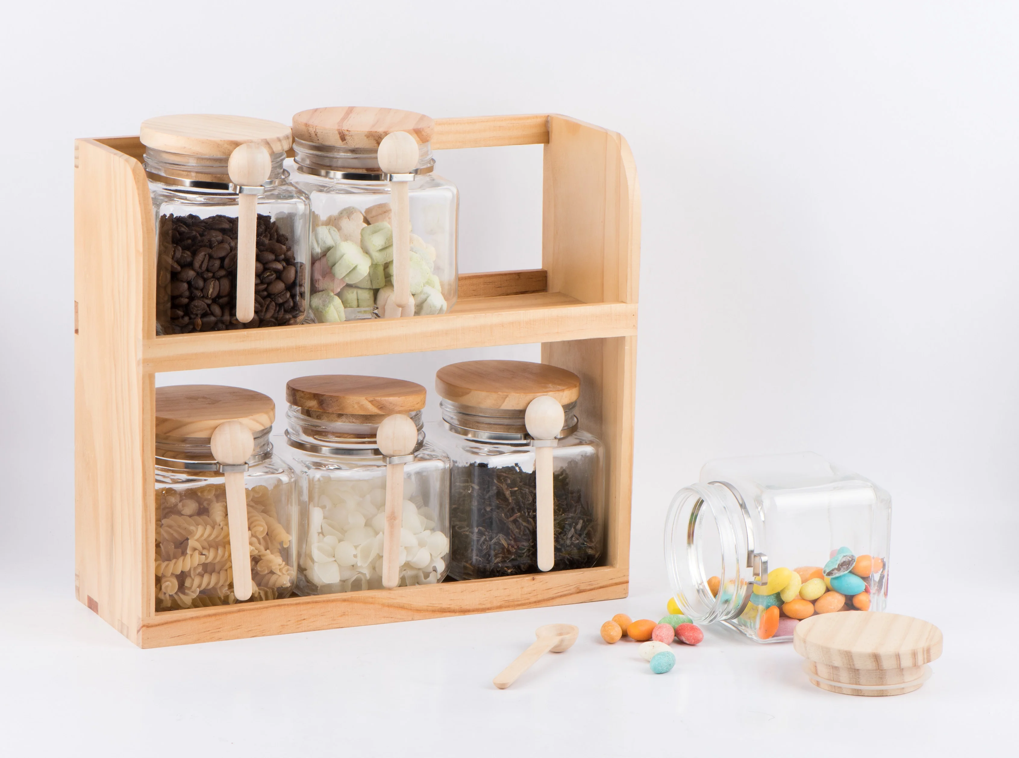 CP171W 6pcs 500ml square Glass Food Storage Jar  Candy Jar with Wooden Lid and Spoon and Wooden Rack