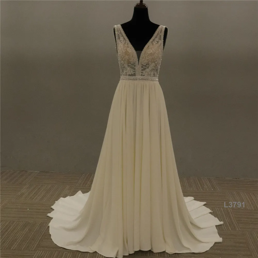 Elegant Lady Sweetheart Lace Applique ivory backless v neck Wedding Gown Bride