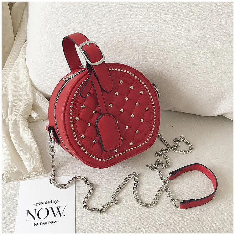 Fashion Rivet Round PU Leather Women Chains Handbag DIamond Lattice Shoulder Bag Lady Travel Purse Crossbody Bag Messenger