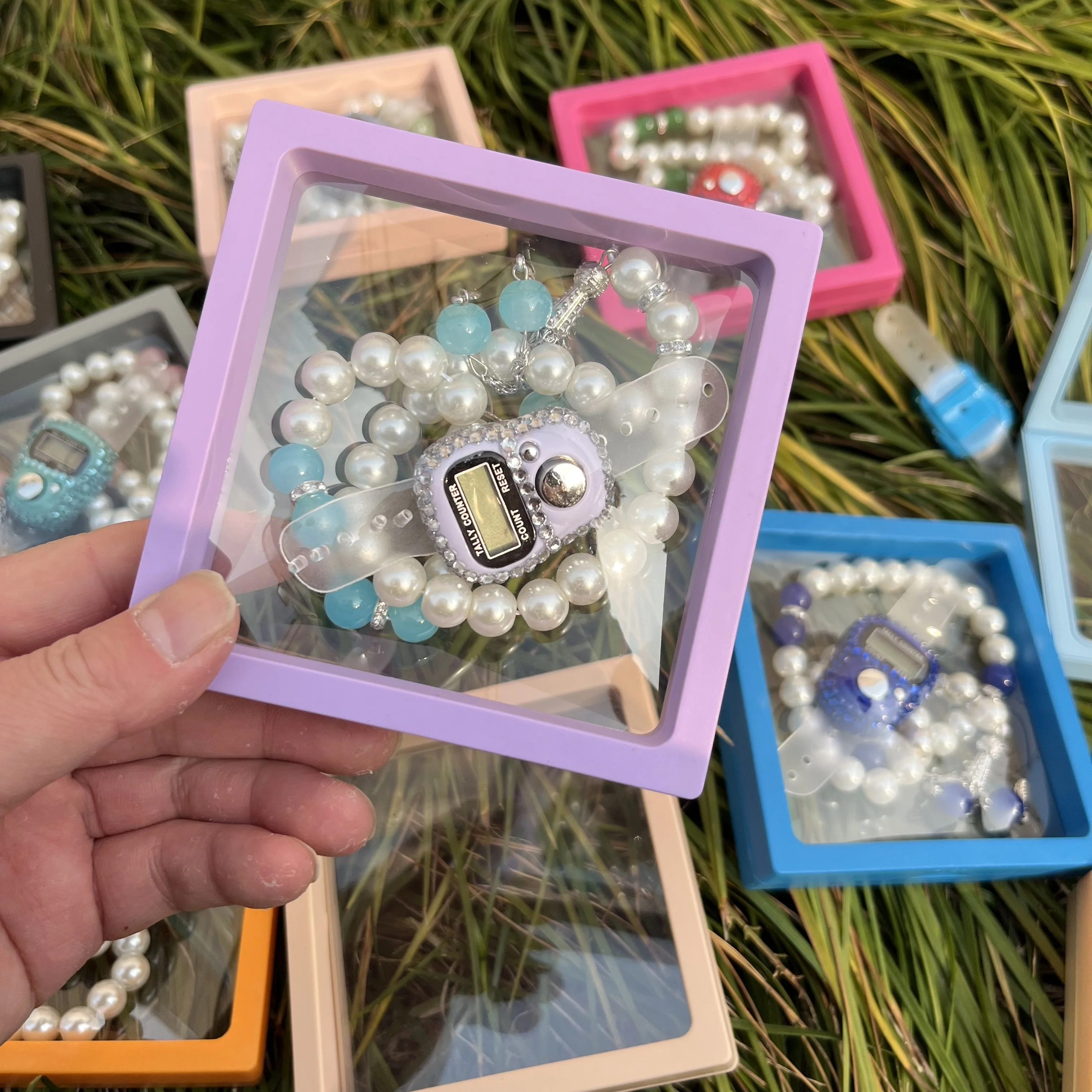 wholesale Handmade Glass 99 Beads Tesbih Digital Finger Tally Counter with Box Prayer Beads Rosary Tasbih Muslim for Wedding Be