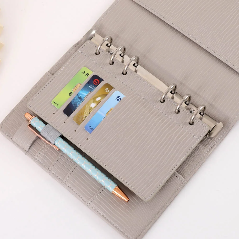 Etsy Best Selling 6 Ring A6 Lizard Croc Leather Dashboard Fly Leaf for Personal Planner with 6 Card Slots & An Elastic Pen Loop