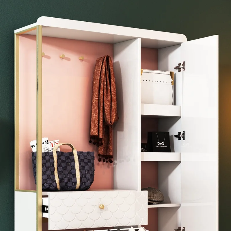 Modern Living Room Stainless Steel Frame Furniture Storage Luxury White Shoe Cabinet With Mirror