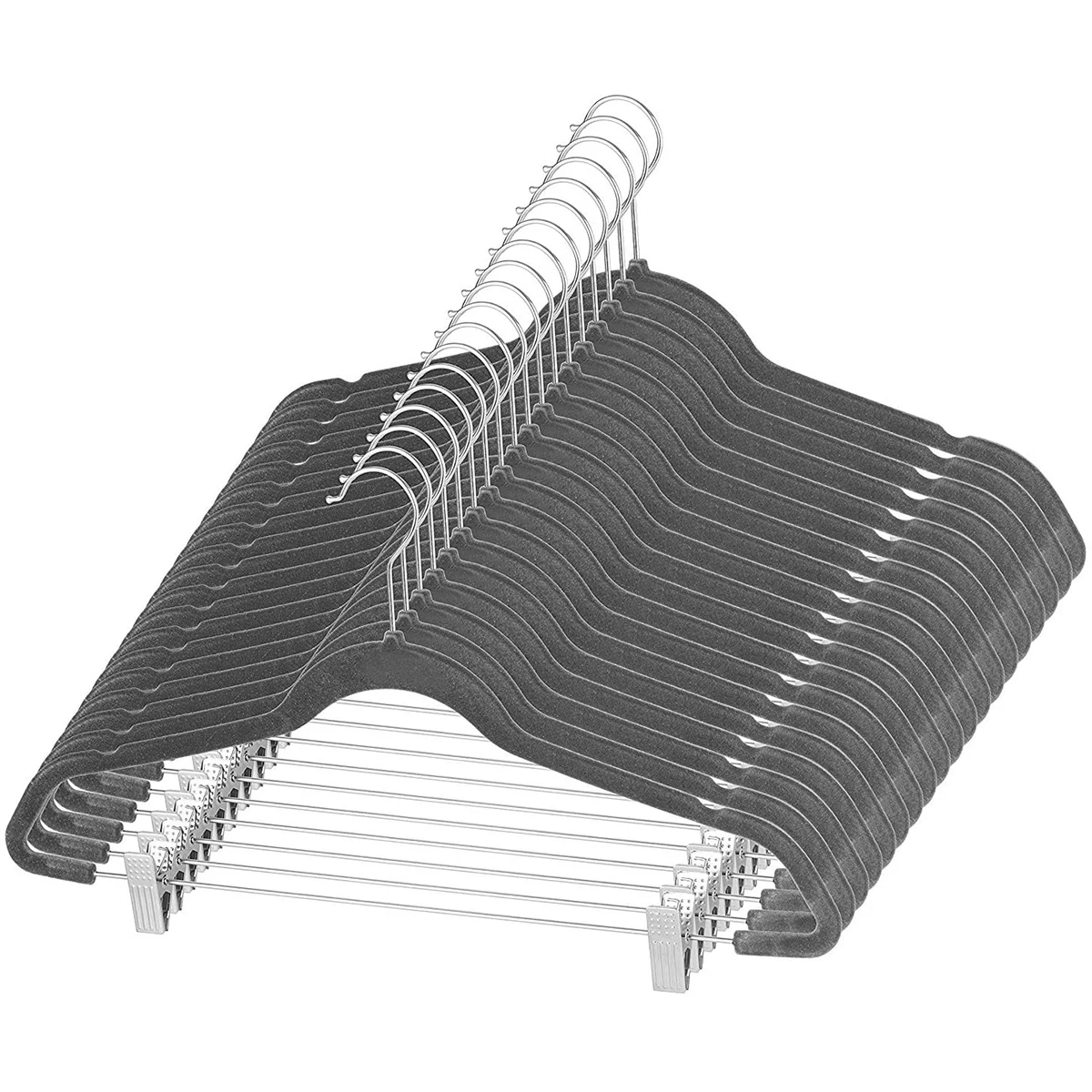 Fashion Grey Velvet Hangers ODM and OEM hanger with Adjustable Metal Clip and hook for clothes