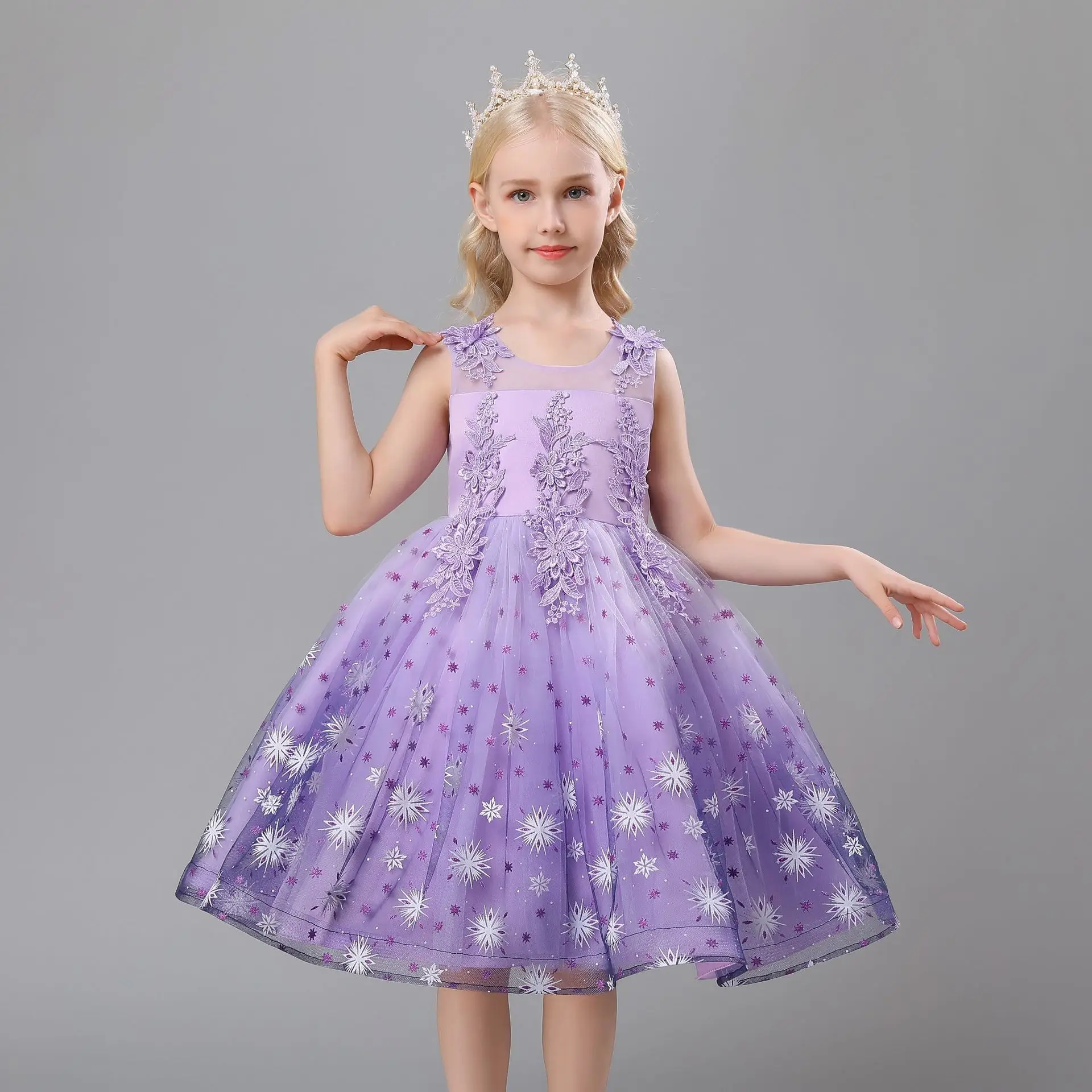 OEM Customized Print Appliques Flower Girl Wedding Dresses Princess Baby Party Dress Toddler Kids Clothes Girls Evening Gown