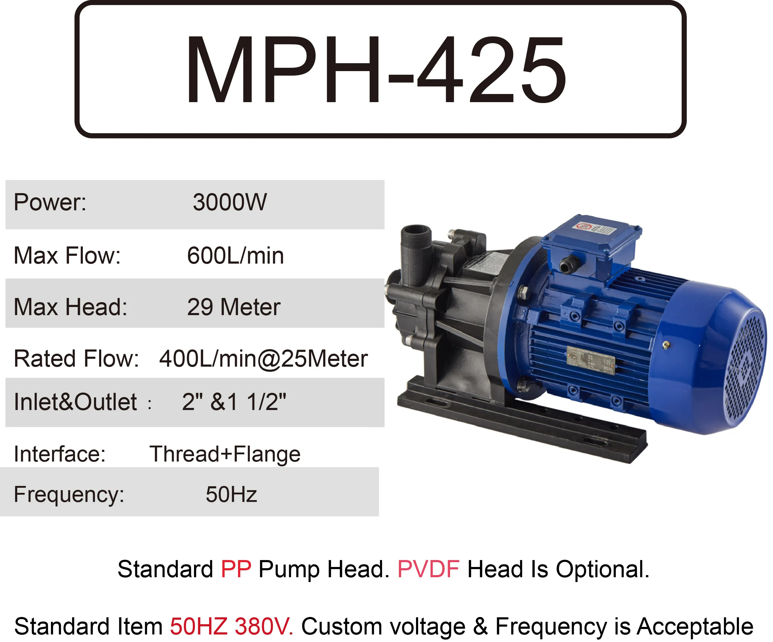 Big Power 3KW MPH-425 Magnetic Drive Leakless PP Acid Alkali Resistant Corrosion Resistant Electroplating Circulating Water Pump