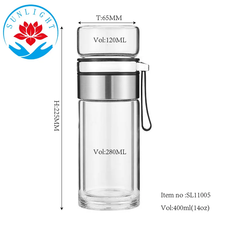 Factory   Price  Tea Infuser Glass  Water Bottle 400ML Double Walled Tea Flask Bottle With Lid