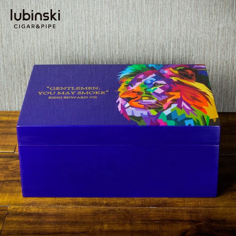 LUBINSKI Humidor Deep Blue Lion Piano Baked Cedar Wood Humidor with Gift Box