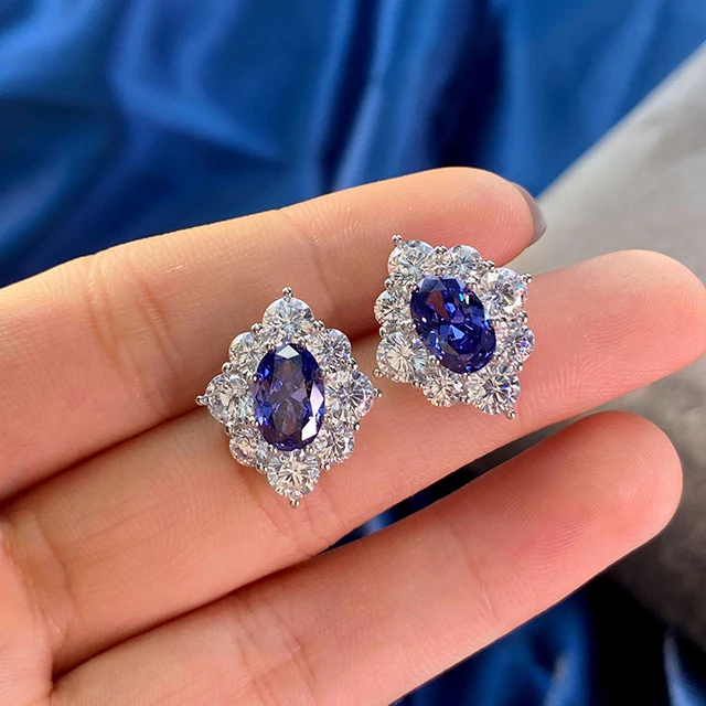 Серьги из серебра 925 пробы с сапфирами и бриллиантами серьги покрытием белого золота 18 К серебряные