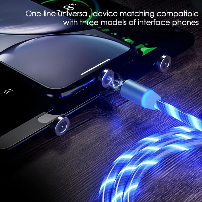 Магнитный USB-кабель 3 в 1 2 м Светодиодный светящийся бегущий кабель Micro USB Type-C кабели для мобильных телефонов яркий зарядный