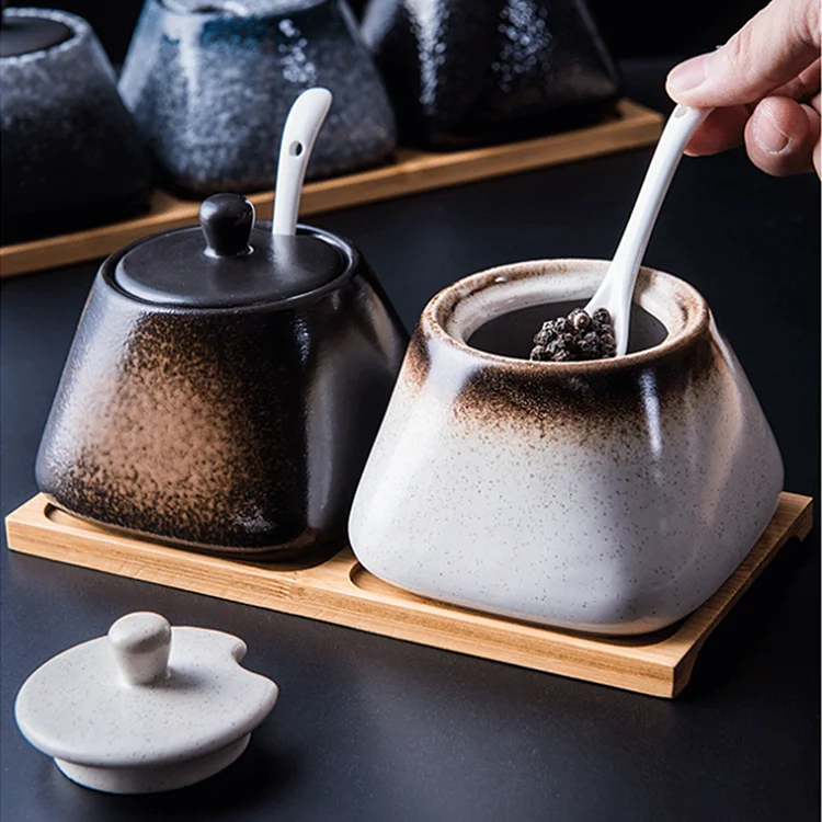 Japanese kitchenware accessories salt pepper storage box seasoning jar with wooden tray ceramic spice jar set of 3pcs