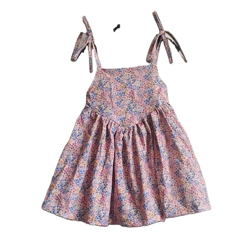 Checkered Print Cotton Linen Girls Sleeveless Dress Shoulder Tie V Shape Girls Dress