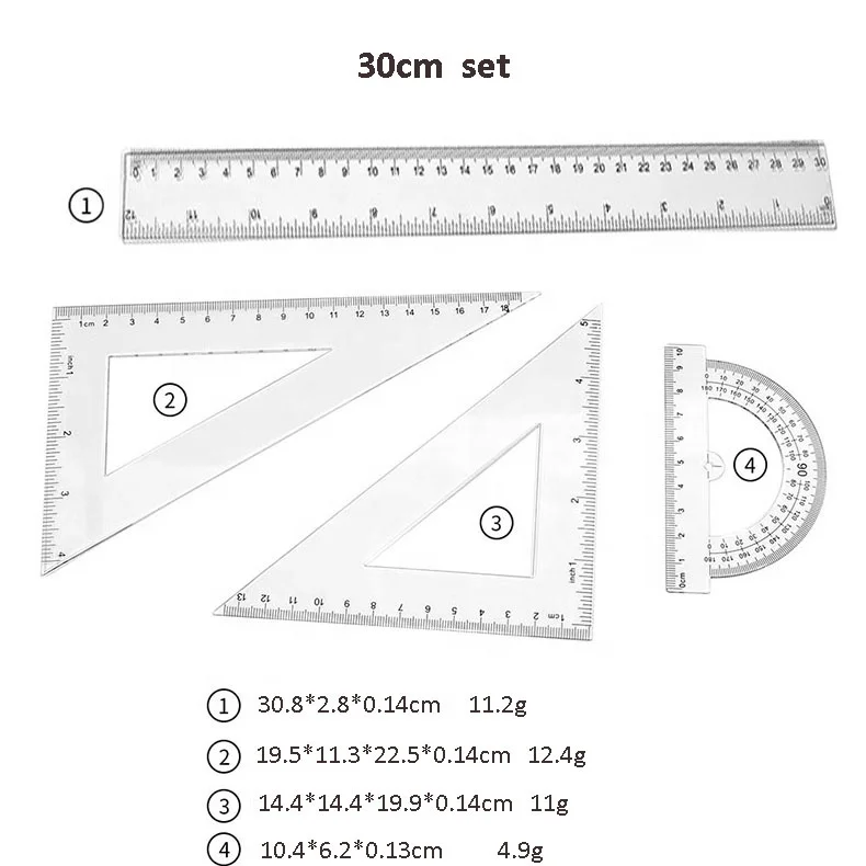 4 Pcs Plastic Clear Ruler Math Set Includes Protractor Triangle Rulers Straight Ruler for School Office Home Supplies