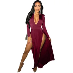 MT40-9265  Hot Selling Sexy Alluring Deep V High Split Evening Gowns Robe Formal Women Long Sleeve Prom Party Dress