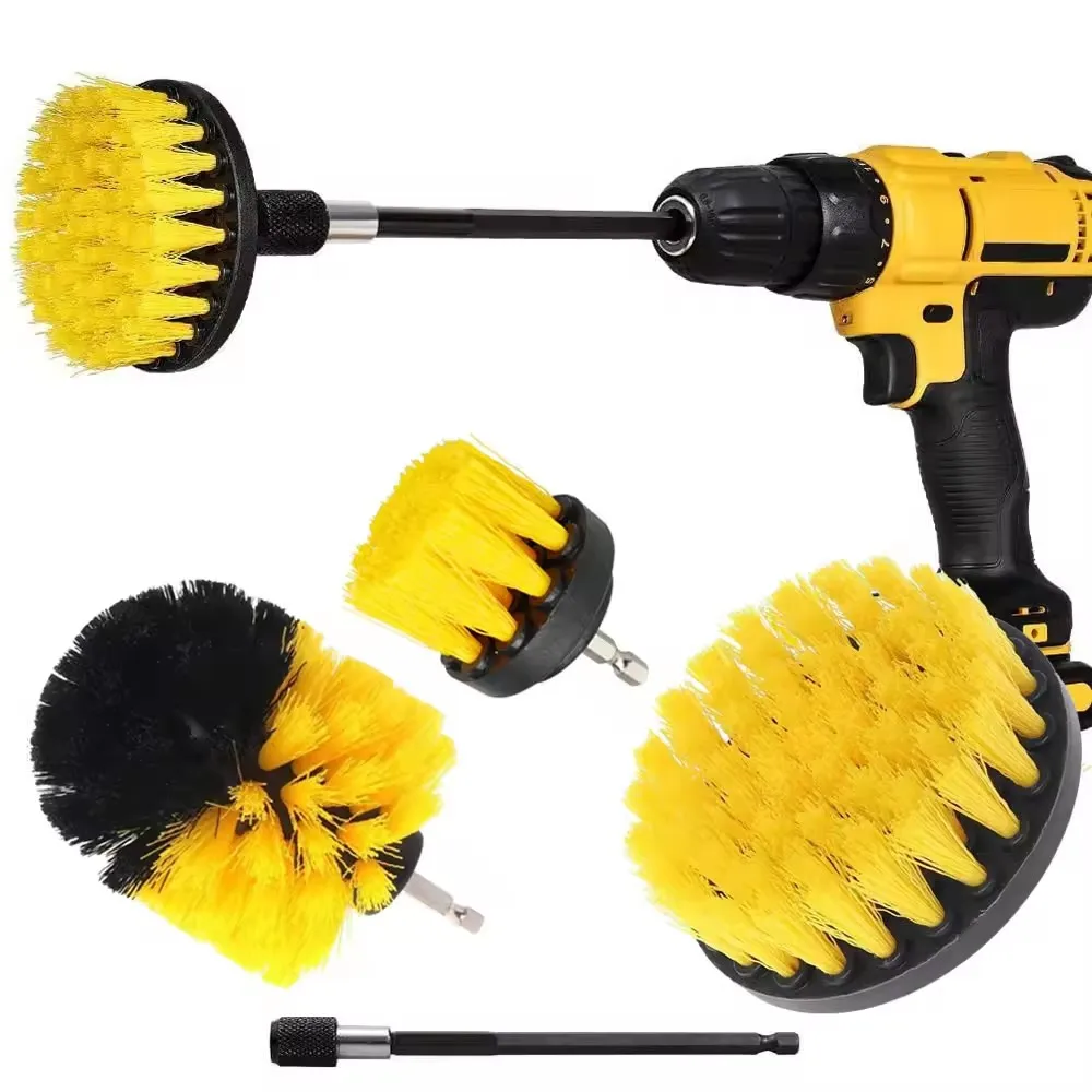 Yellow Car Nylon Drill Clean Brush Set Car Wash Brush Set Electric Cleaning Kit for Polishing
