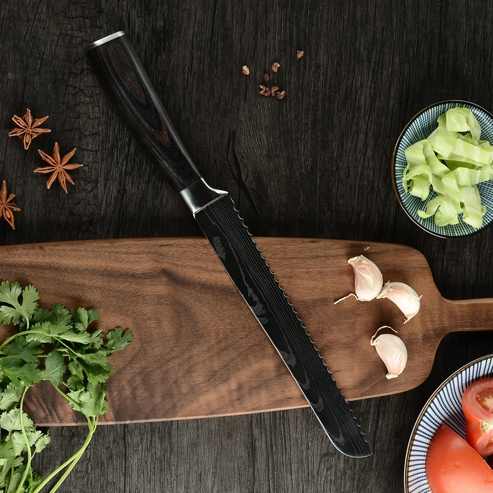 Stainless Steel Kitchen Knives Set Laser Damascus Veins Pakka Wood Handle Paring Santoku Nakiri Slicing Bread Chef Knife Set