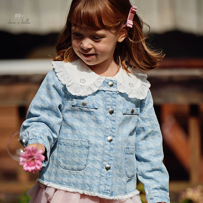 DB1248600 DAVE BELLA Kids Fashion Houndstooth Top Spring Baby Girls Casual Cotton Cute Sweet Denim Coat