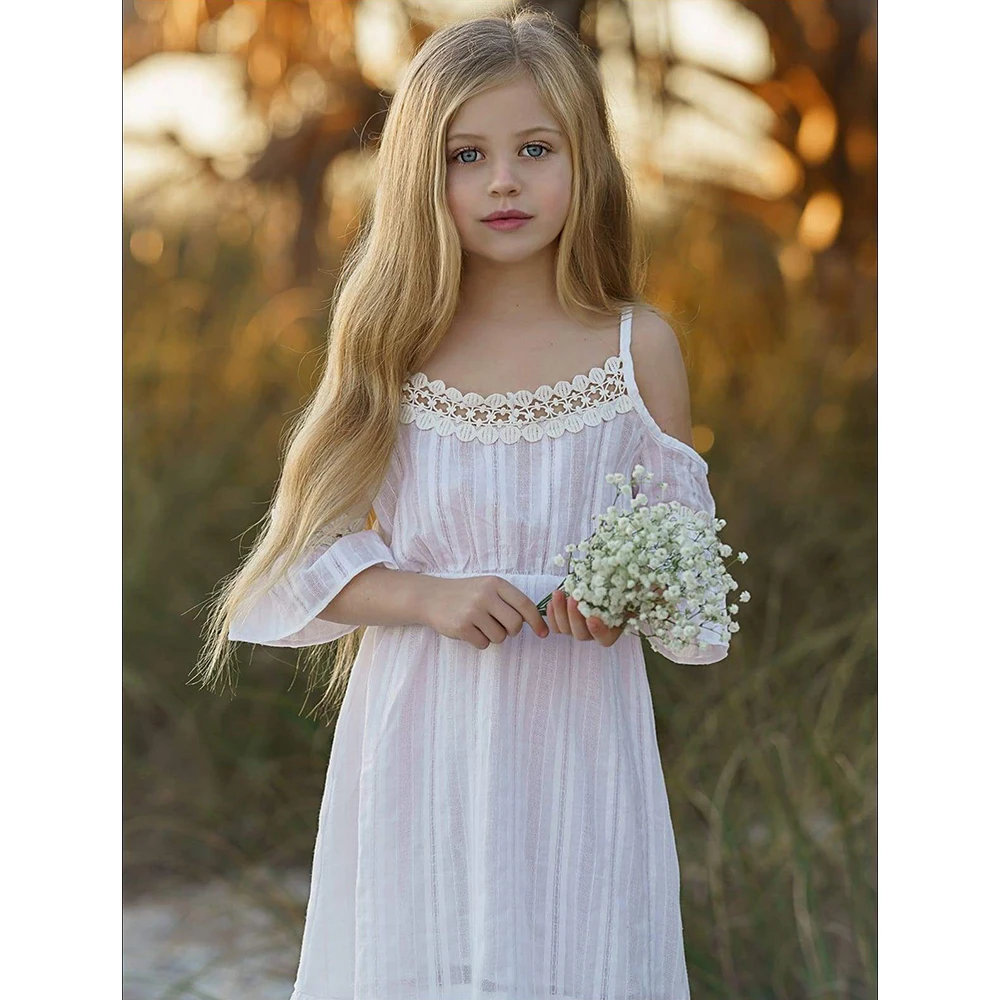 4 To 14 Years Kids & Teenager Girls Summer Off-shoulder White Pink Ruffle Beach Dress Children Princess Sleeveless Dresses