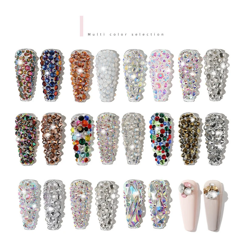 Nail Art 12 Grid Round Nail Art AB Flat Back Rhinestone Mix Size Color 3D Diamond Accessory