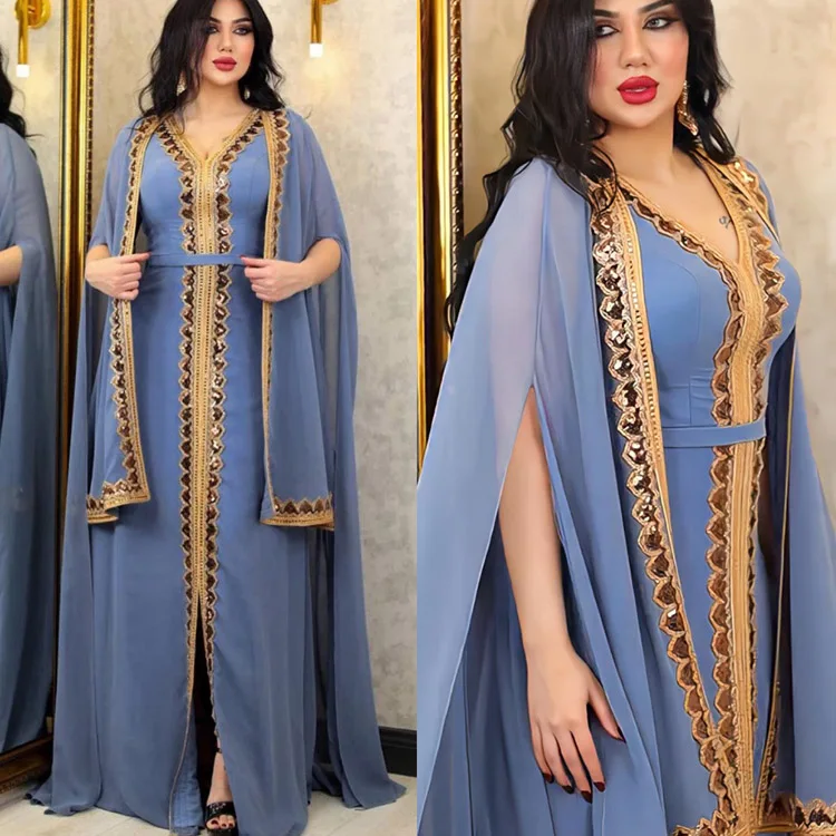2024 Sequins Arabic Dresses Luxury Abaya Dubai Gown Cape Robes Kaftan Modest Muslim Evening Dresses With Long Sleeves