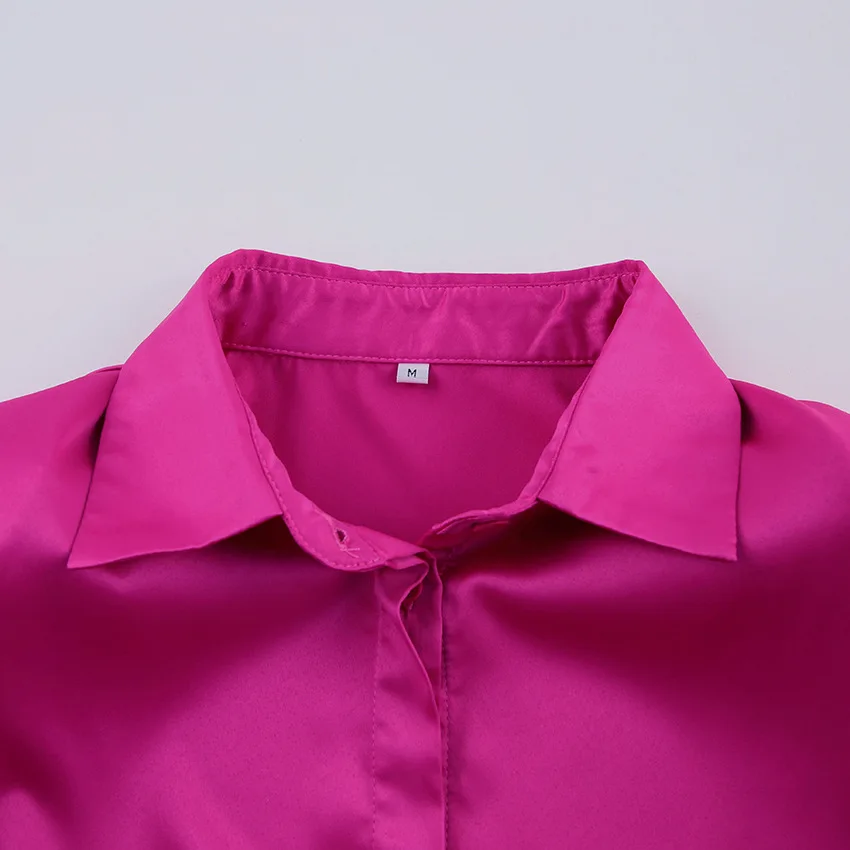 Streetwear Korean Satin Turn-down Collar High Shoulder Blouse Lady Single Breasted Long Sleeve Shirts For Women