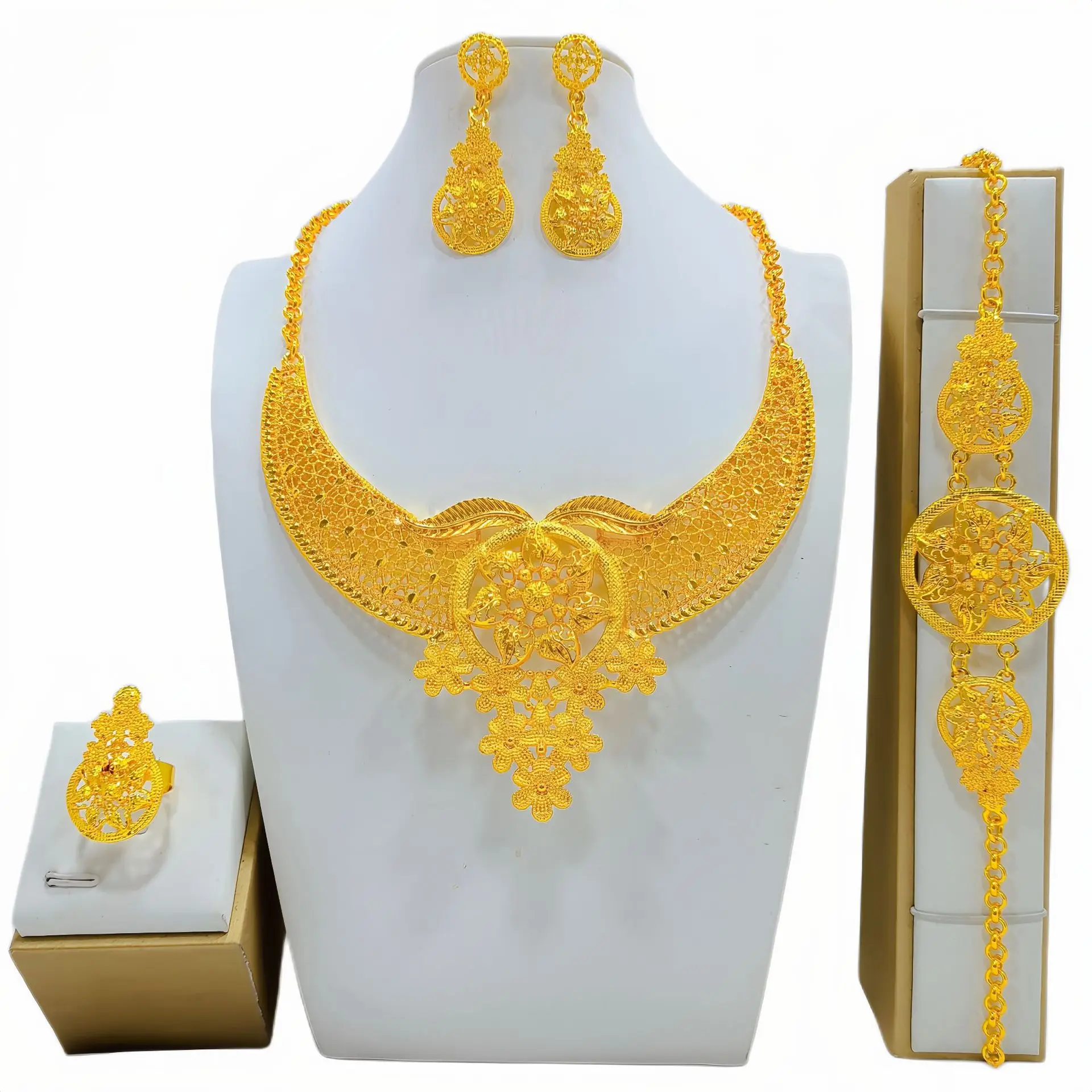 Wholesale Dubai jewelry 24K Gold Plated Jewelry Sets necklace earrings bracelet and ring set