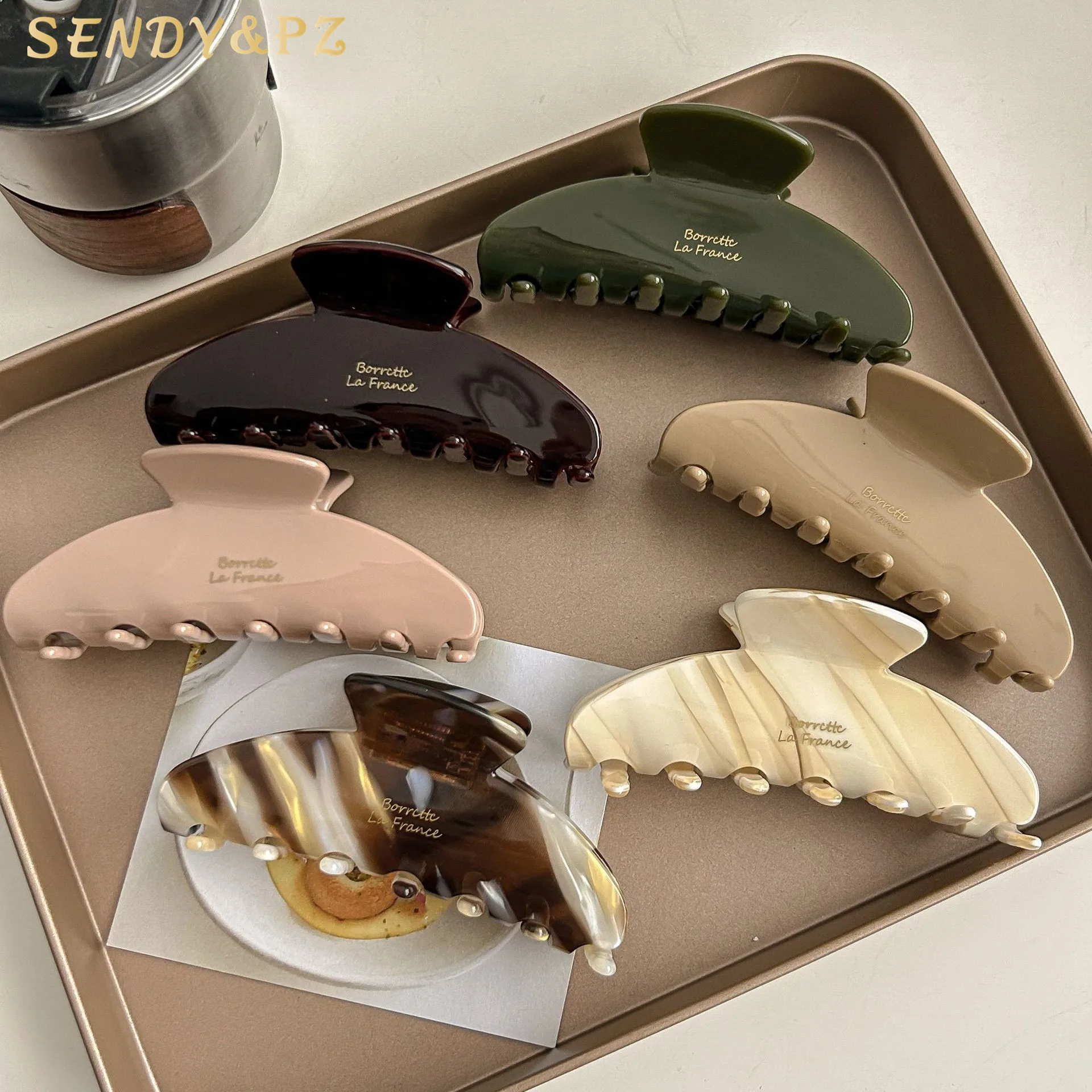 France Retro Solid Color 10cm Large Acetate Hair Claw Clips Chocolate Brown Stripe Clamps Woman Clips Hair Accessory