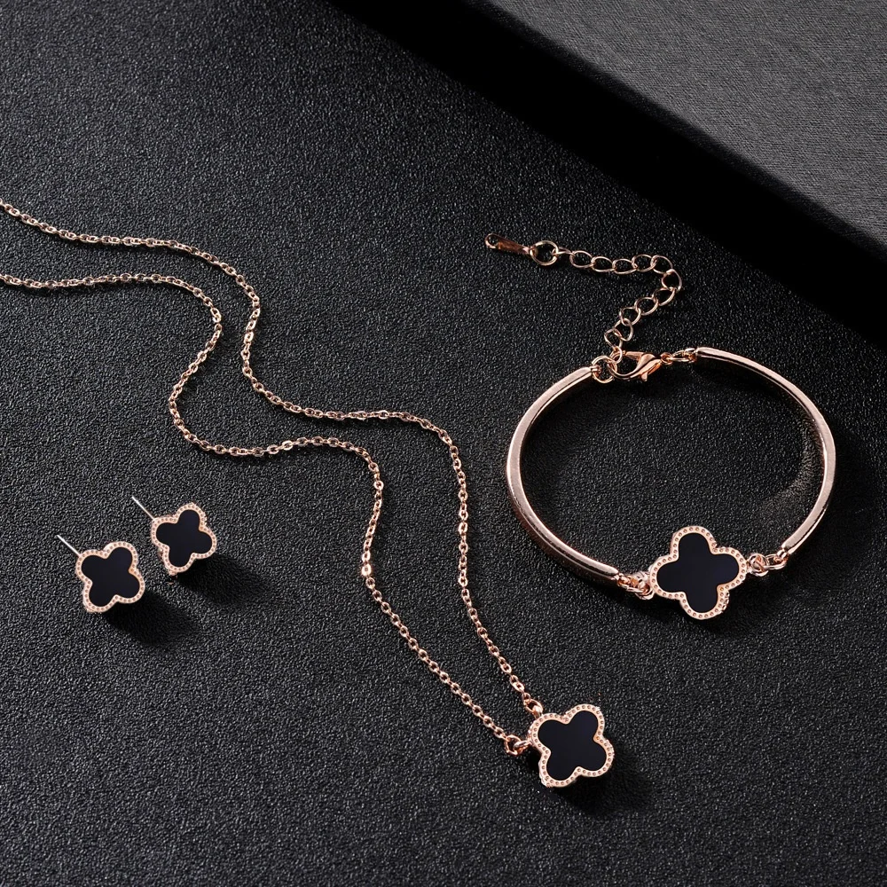 High Quality Jewelry Necklace Earring Bracelet Plated Rose Gold Jewellery Women Sweet Clover Jewelry Set
