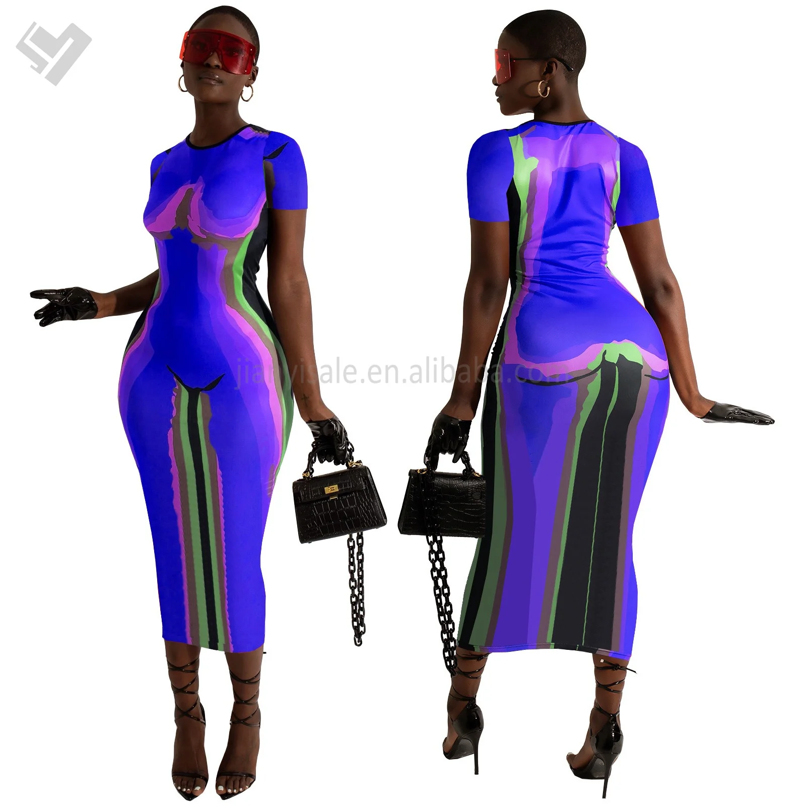 New Arrival 2024 Positioning Printed Round Neck Short Sleeved Womens Clothing Dress Party Sexy Club Bodycon Dresses