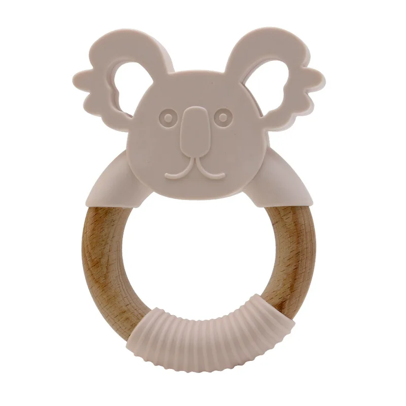 Custom bpa free soothing animal koala baby chew toys wood ring silicone baby teether