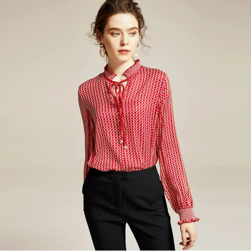 2020 Vintage Pure Silk Bow Collar Long Sleeve Print Shirt Casual Office Blouse For Ladies