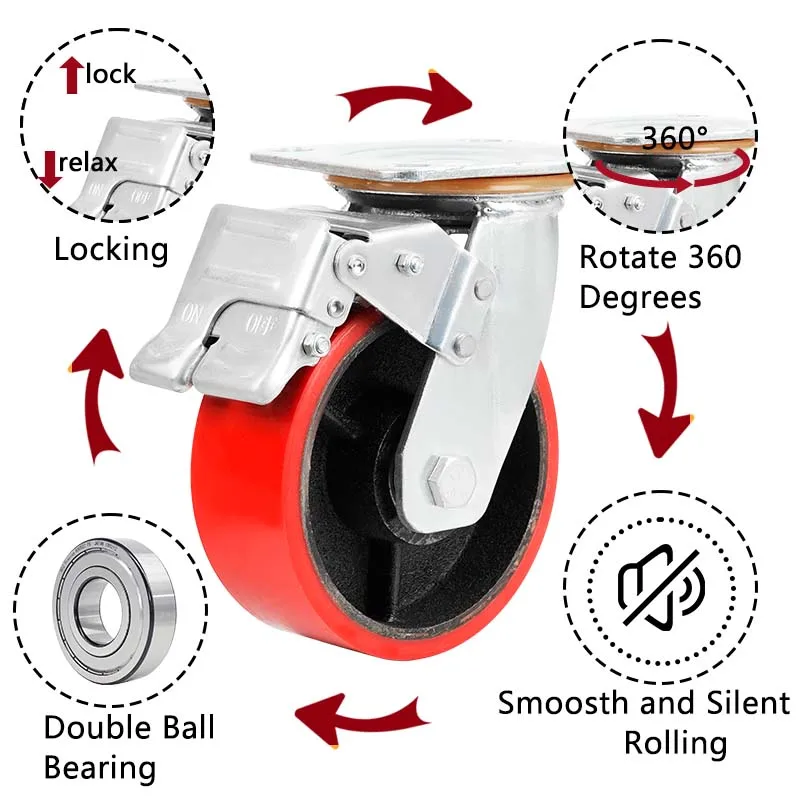 6 8 10inch Heavy duty mute Durable iron core  red polyurethane PU Rigid Swivel caster wheel with brake