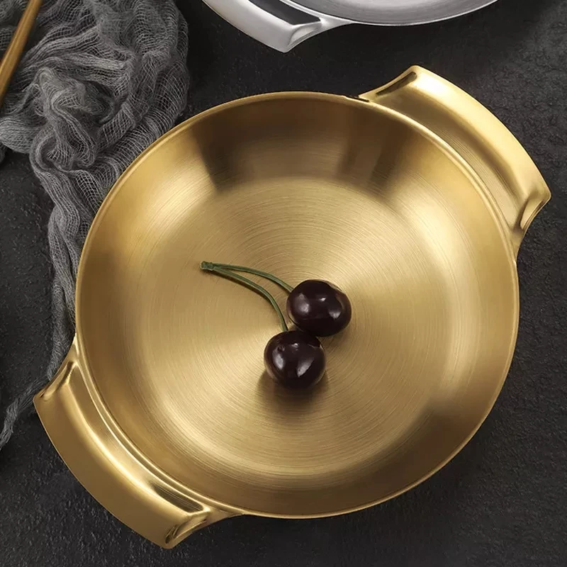 Hot Selling Stainless Steel Plate Seafood Metal Serving Tray Golden Round With Double Ear