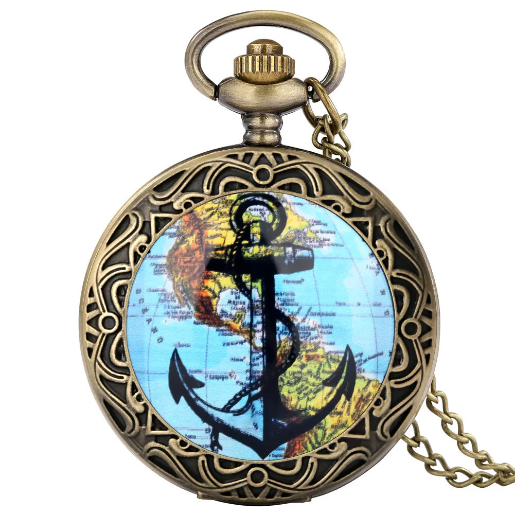 Sailing Map Anchor Vintage Steampunk Quartz Pocket Watch With Clock Necklace Chain For Men Gift